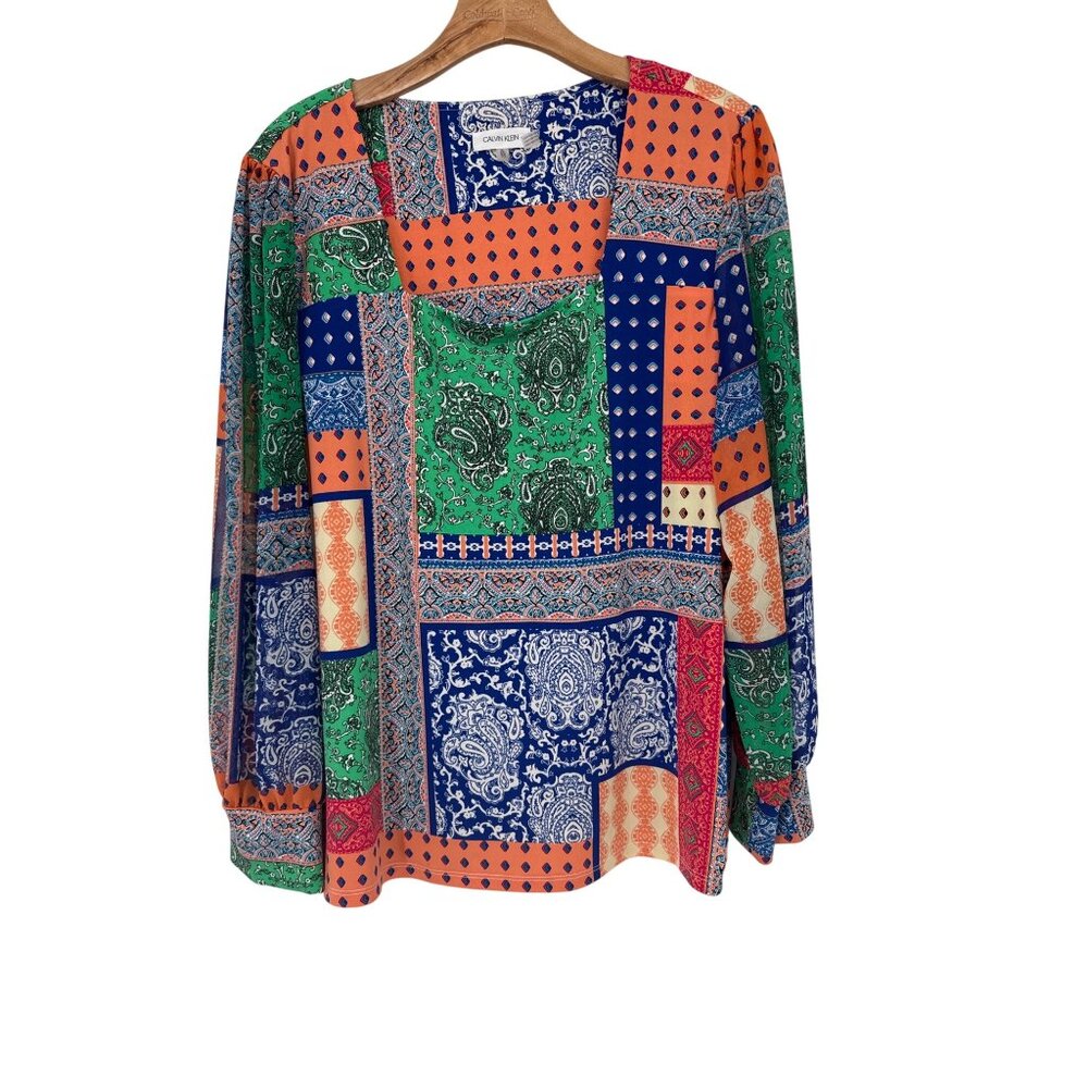 Calvin Klein Womens top shirt size  XL Patchwork  Long Sleeve Blouse square neck